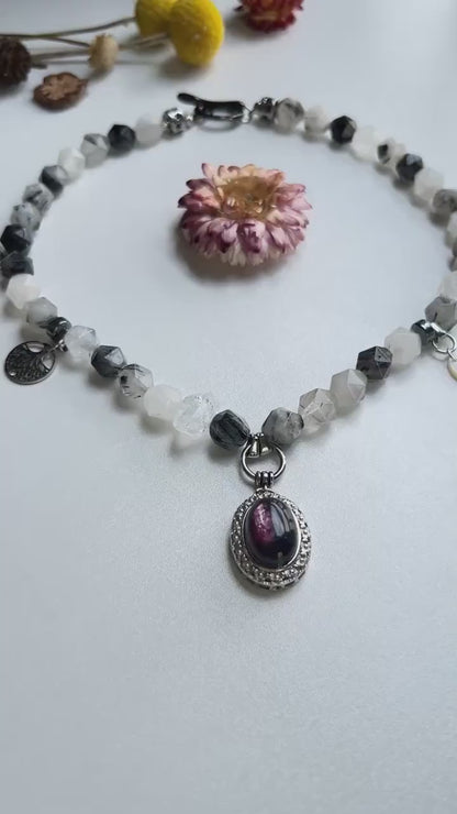 Raw Crystal Pendant Necklace｜Boho Energy Jewelry｜Clear Quartz, Tourmalinated Quartz & Fluorite｜Handmade Spiritual Healing Necklace