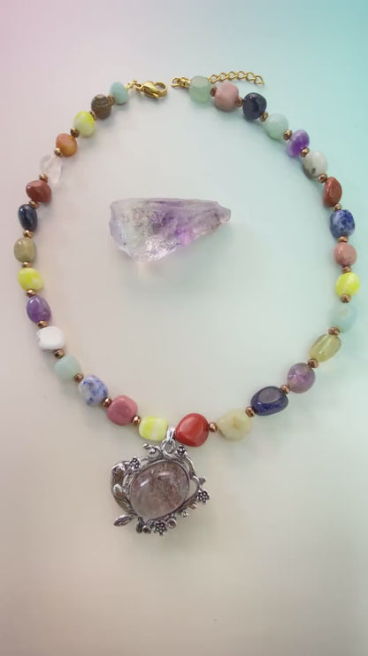 Vintage Silber Blumenanhänger Achat Halskette | Große unregelmäßige handgefertigte Perlen | Boho Stil Armband | Einzigartiges Kunstgeschenk