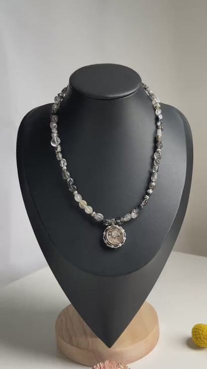 Handmade Cameo Necklace with Girl Pendant｜Black Rutilated Quartz Beads｜Natural Shell Cameo｜Unique Personalized Jewelry Gift