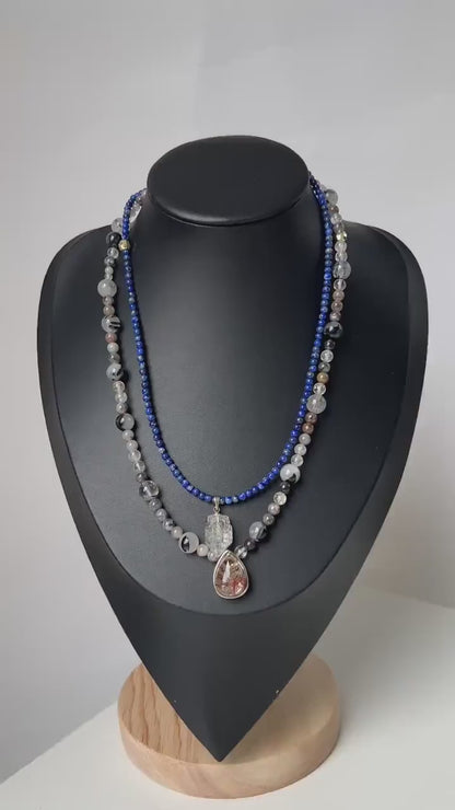 Handmade Double Gemstone Necklace with Lapis Lazuli, Phantom Quartz & Natural Crystal｜Layered Beaded Necklace Gift｜Spiritual Healing Jewelry