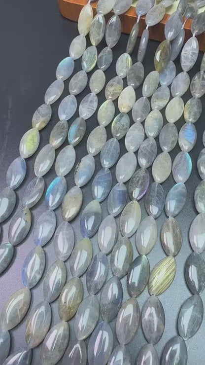 Natural Labradorite Marquise Beads 10×20×5 mm · 38 cm Strand · Aurora Borealis Shimmer Gray with Blue, Green & Gold for DIY Jewelry