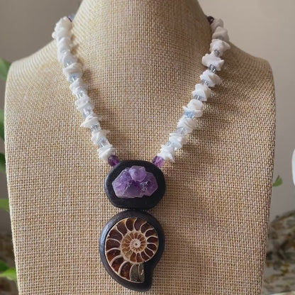 Handmade Ebony Inlay Necklace with Amethyst Cluster & Fossil Ammonite | Unique Boho Ethnic Jewelry Gift | Natural Gemstone Statement Pendant