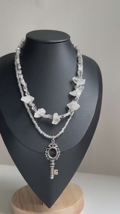 Double Layer Handmade Necklace with Phantom Quartz & Raw Crystal Beads｜Fluorite Accents｜Unique Spiritual Jewelry｜Elegant Gift for Women