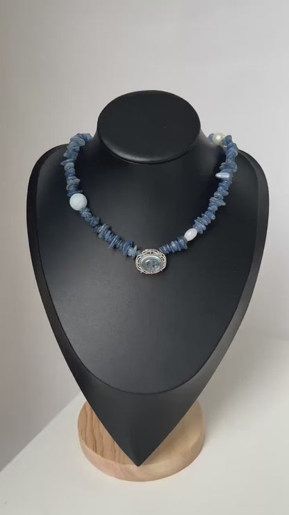 Raw Sapphire-Inspired Irregular Necklace｜Natural Kyanite, Aquamarine & Pearl Beaded Necklace｜Handmade Spiritual Blue Gemstone Jewelry