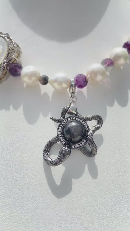 Massive Vintage Barock-Perlen Amethyst Perlenkette｜Engelsmuschel-Gravur + Sonnenstein Schlangenmotiv｜Heilender Geschenkartikel