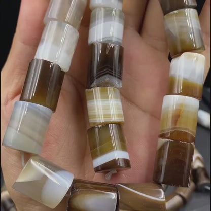 Naturstein Perlen braun gestreift für Schmuckherstellung, Boho DIY Zylinder Edelstein, Achat Bastelperlen für Armband oder Halskette