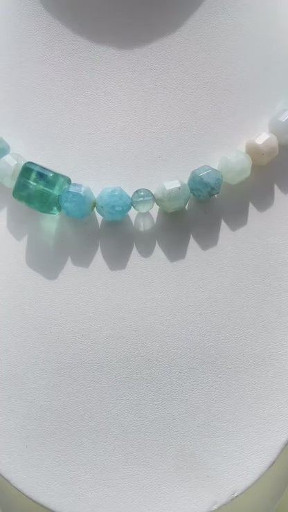 Summer Gemstone Necklace with Aquamarine, Morganite & Green Phantom Quartz | Handmade Beaded Jewelry Gift for Women