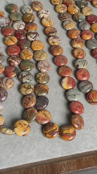 Natural Picasso Stone Coin Beads · 16×6.5mm Round Flat · 38cm Pre-Drilled Strand | Artistic Gemstone Beads for DIY Bracelet & Necklace