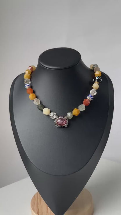 Bunte Achatperlen & Kristall Halskette Handgemachter spiritueller Heilungsschmuck Natürliche Edelsteinkette Geburtstags-  Geschenkartikel