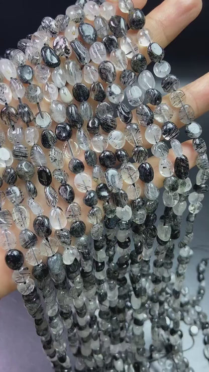 Natural Tourmalinated Quartz Rondelle Beads 6–8 mm · 38 cm Strand | DIY Bracelet & Necklace Making | Chakra Protection & Energy Healing Crystals