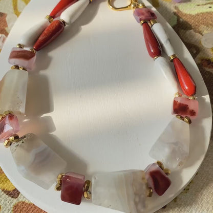 Statement Edelstein Choker mit natürlichen Achat Rohsteinen im Vintage Boho Stil, handgemachte Halsschmuck Geschenkidee für sie