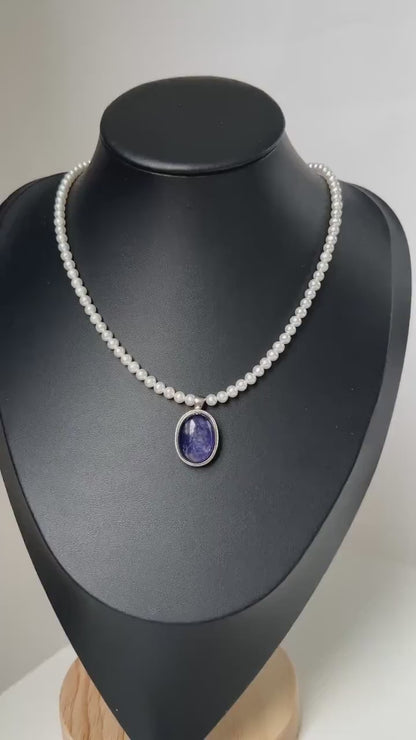 Natural Pearl Necklace with Dark Blue Sodalite Pendant｜Round Freshwater Pearls｜Handmade Elegant Jewelry｜Unique Gift for Women