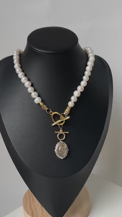 Baroque Pearl Necklace with Phantom Quartz Pendant｜Nature-Inspired Beaded Necklace｜Handmade Spiritual Jewelry Gift